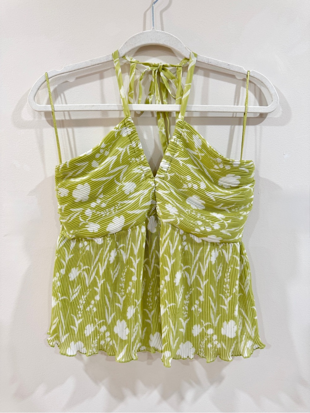 Japna Lime Floral Halter Pleated Babydoll Summer Top Size M